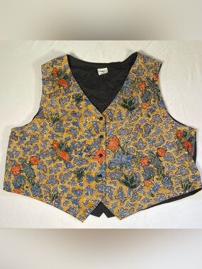 VTG First Class Beaded Batik Floral Vest 100% Cotton Size Unisex Boho Grannycore